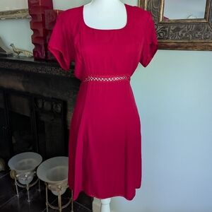 90s VTG Red Open Crochet Waist Detail Dress Short Sleeve Women's 9 Tie Waist 176